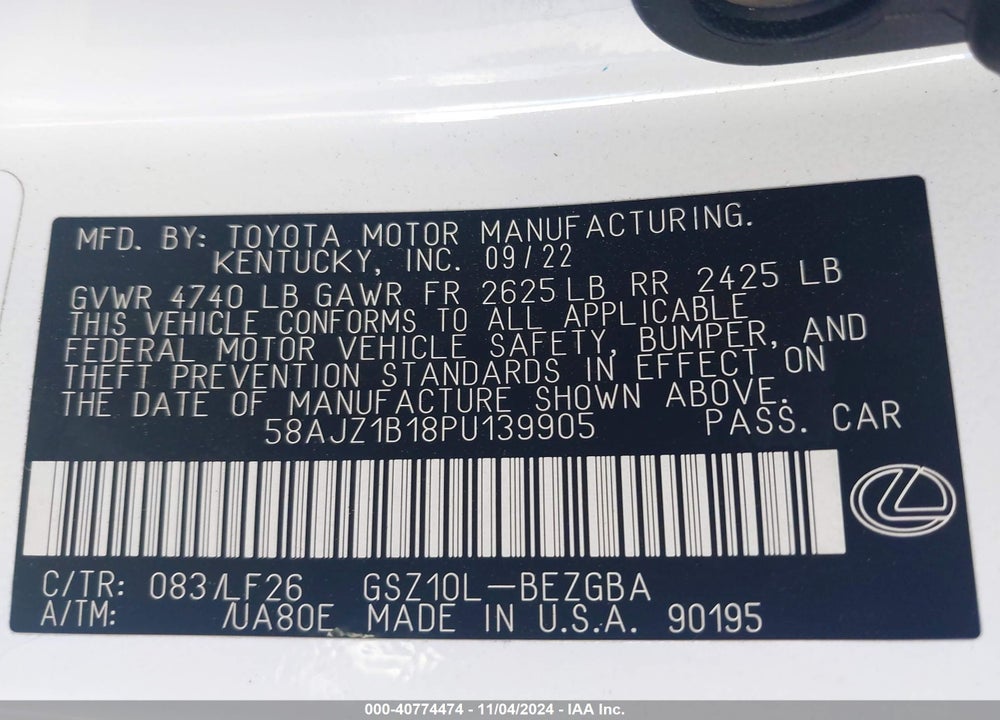 2023 LEXUS ES 350 F-SPORT HANDLING VIN: 58AJZ1B18PU139905