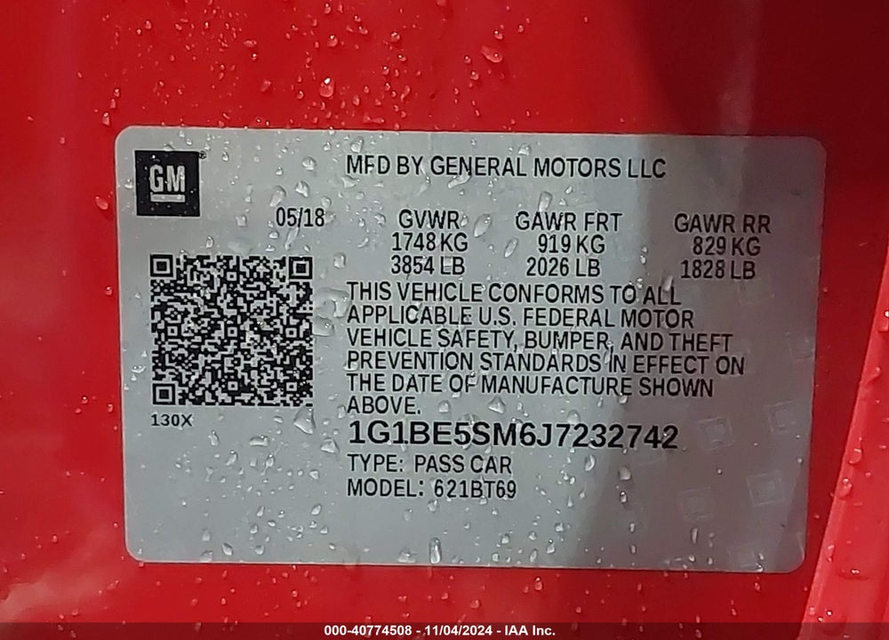 2018 CHEVROLET CRUZE LT AUTO VIN: 1G1BE5SM6J7232742