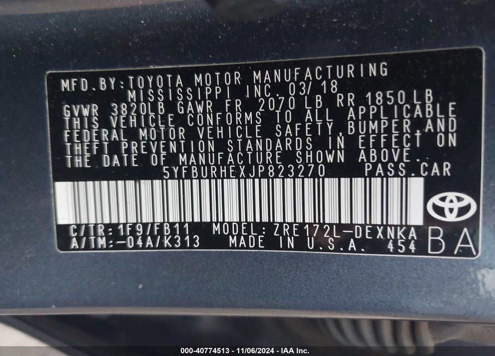 2018 TOYOTA COROLLA LE VIN: 5YFBURHEXJP823270