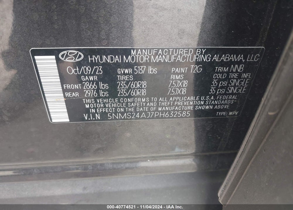 2023 HYUNDAI SANTA FE SEL VIN: 5NMS24AJ7PH632585