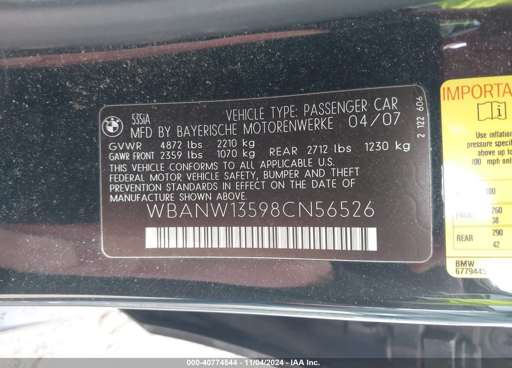2008 BMW 535I VIN: WBANW13598CN56526