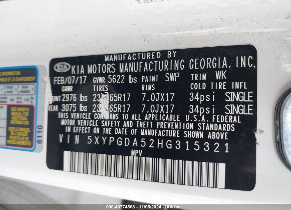 2017 KIA SORENTO LX V6 VIN: 5XYPGDA52HG315321