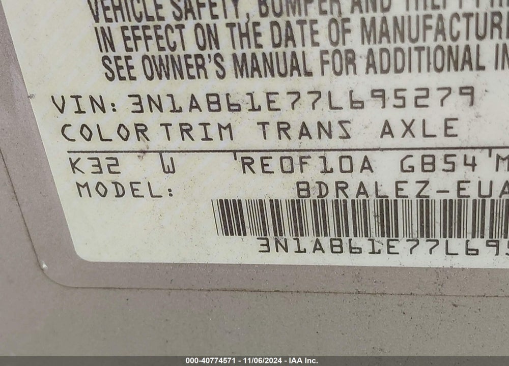 2007 NISSAN SENTRA 2.0S VIN: 3N1AB61E77L695279