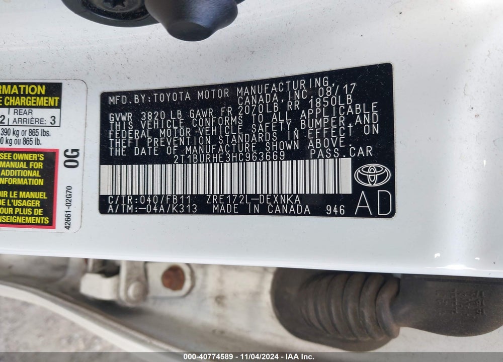 2017 TOYOTA COROLLA LE VIN: 2T1BURHE3HC963669
