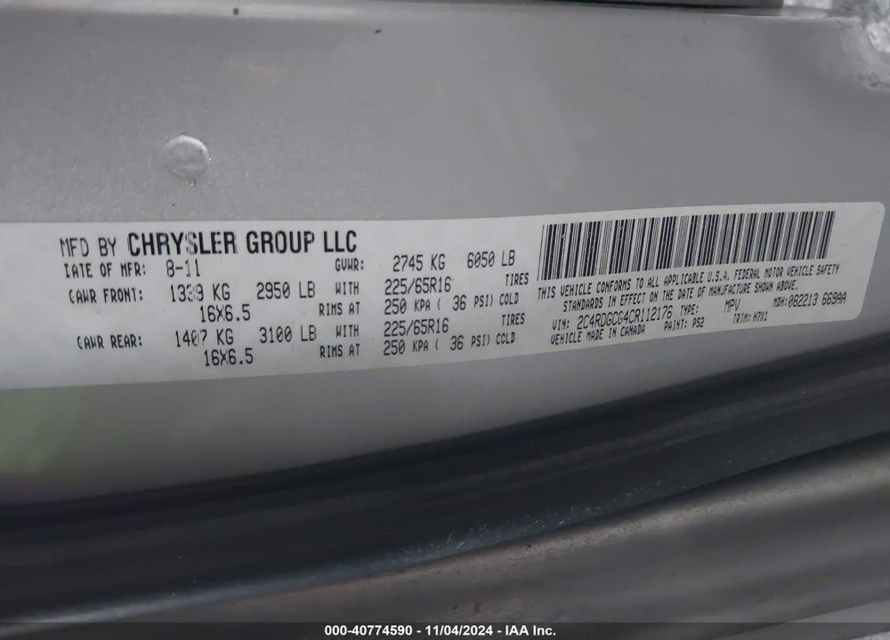 2012 DODGE GRAND CARAVAN SXT VIN: 2C4RDGCG4CR112176