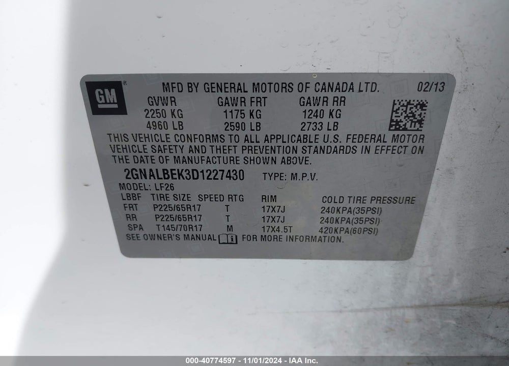 2013 CHEVROLET EQUINOX LS VIN: 2GNALBEK3D1227430
