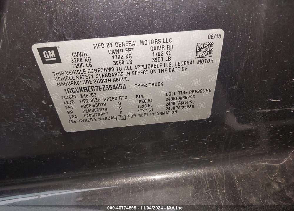 2015 CHEVROLET SILVERADO 1500 1LT VIN: 1GCVKREC7FZ354450