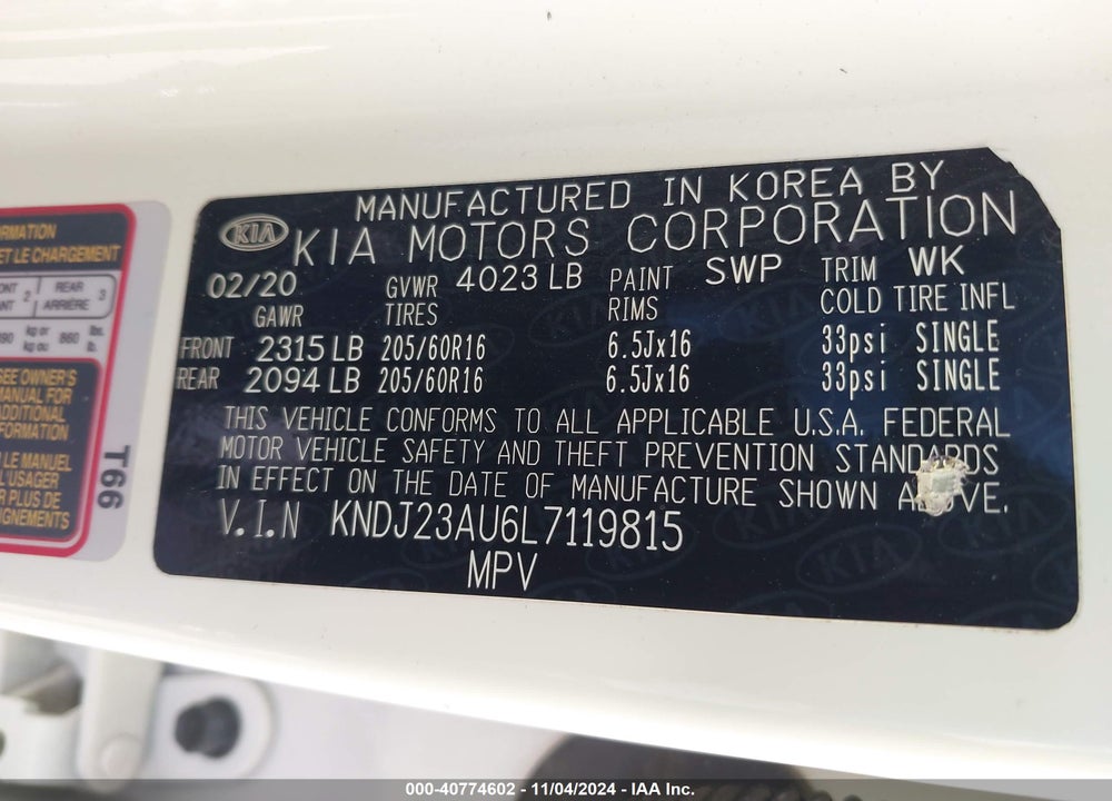 2020 KIA SOUL LX VIN: KNDJ23AU6L7119815