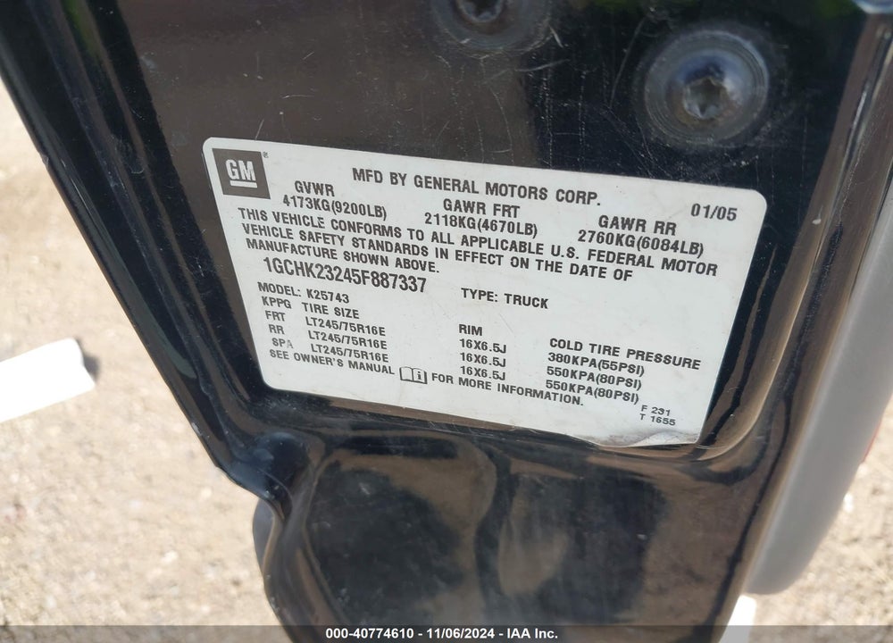 2005 CHEVROLET SILVERADO 2500HD LT VIN: 1GCHK23245F887337