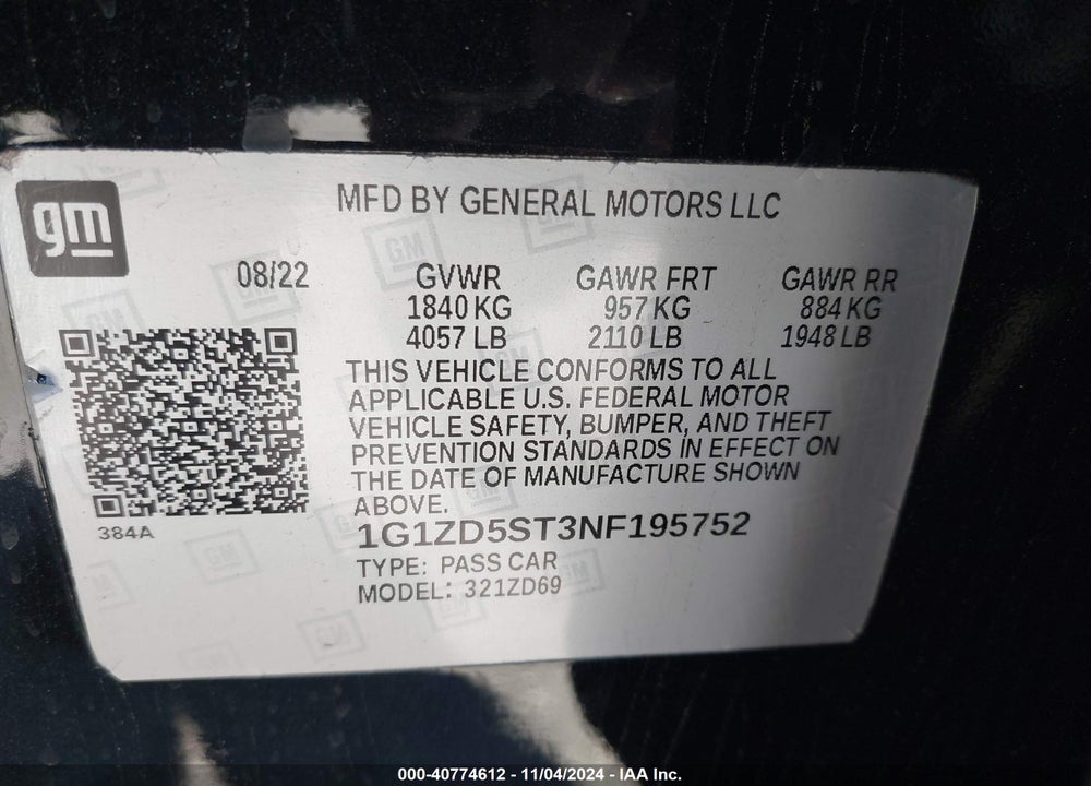 2022 CHEVROLET MALIBU FWD LT VIN: 1G1ZD5ST3NF195752