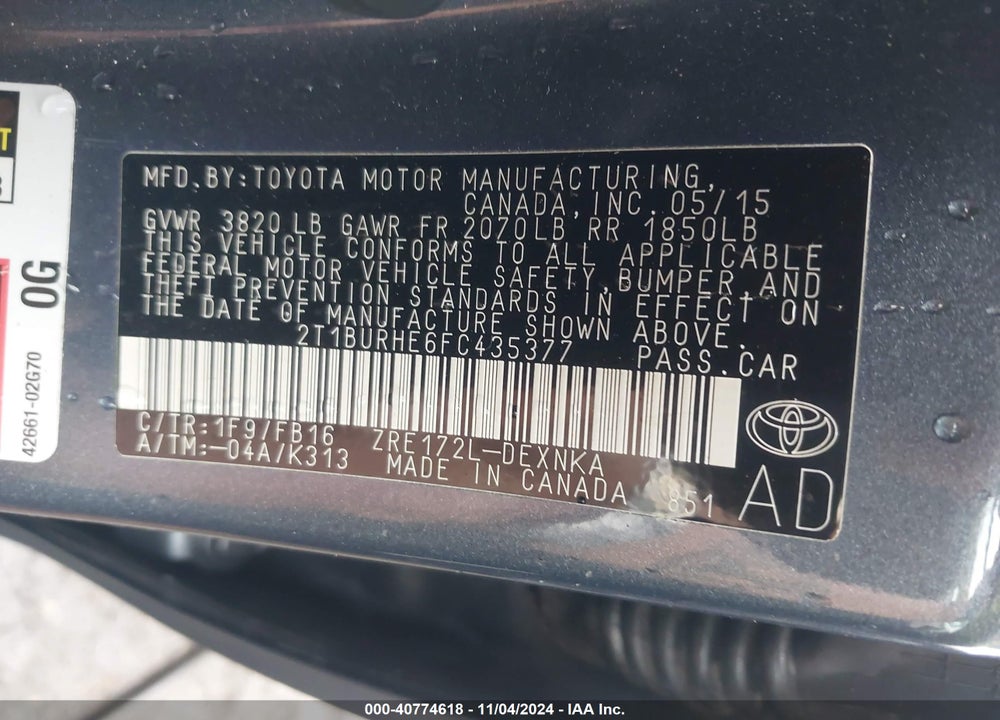 2015 TOYOTA COROLLA LE VIN: 2T1BURHE6FC435377