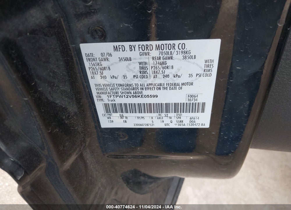 2006 FORD F-150 LARIAT/XLT VIN: 1FTPW12V56KE05599