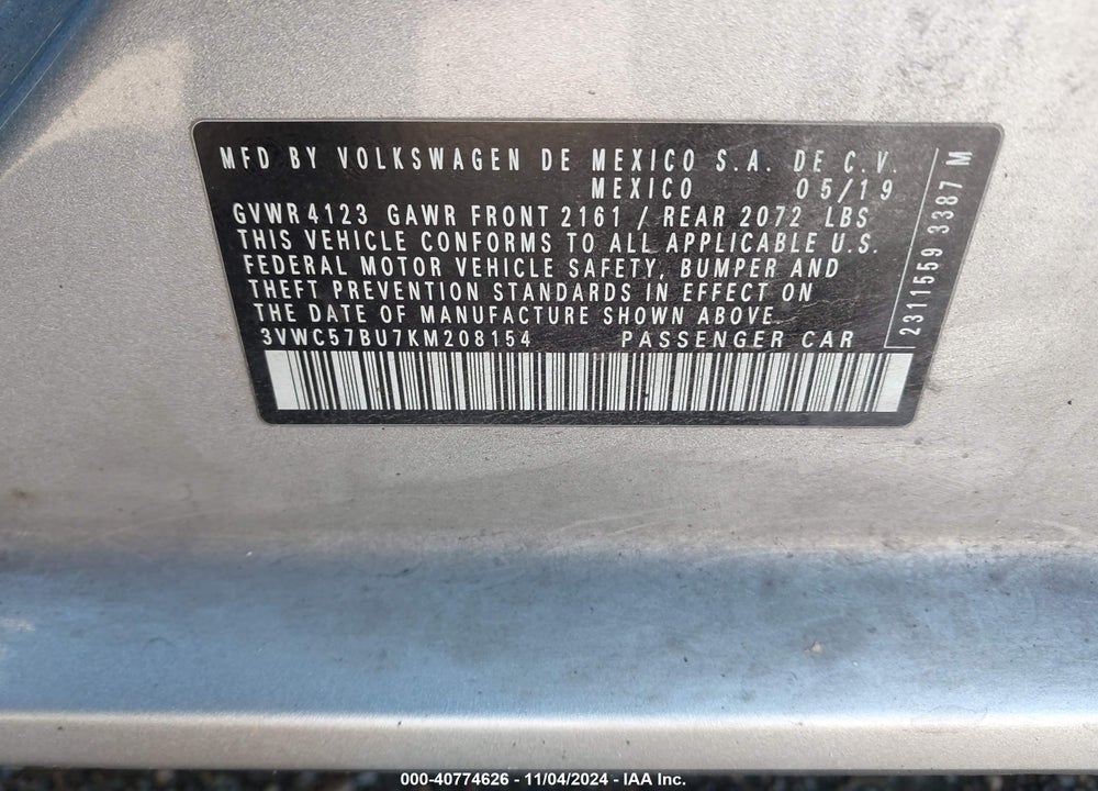 2019 VOLKSWAGEN JETTA 1.4T R-LINE/1.4T S/1.4T SE VIN: 3VWC57BU7KM208154