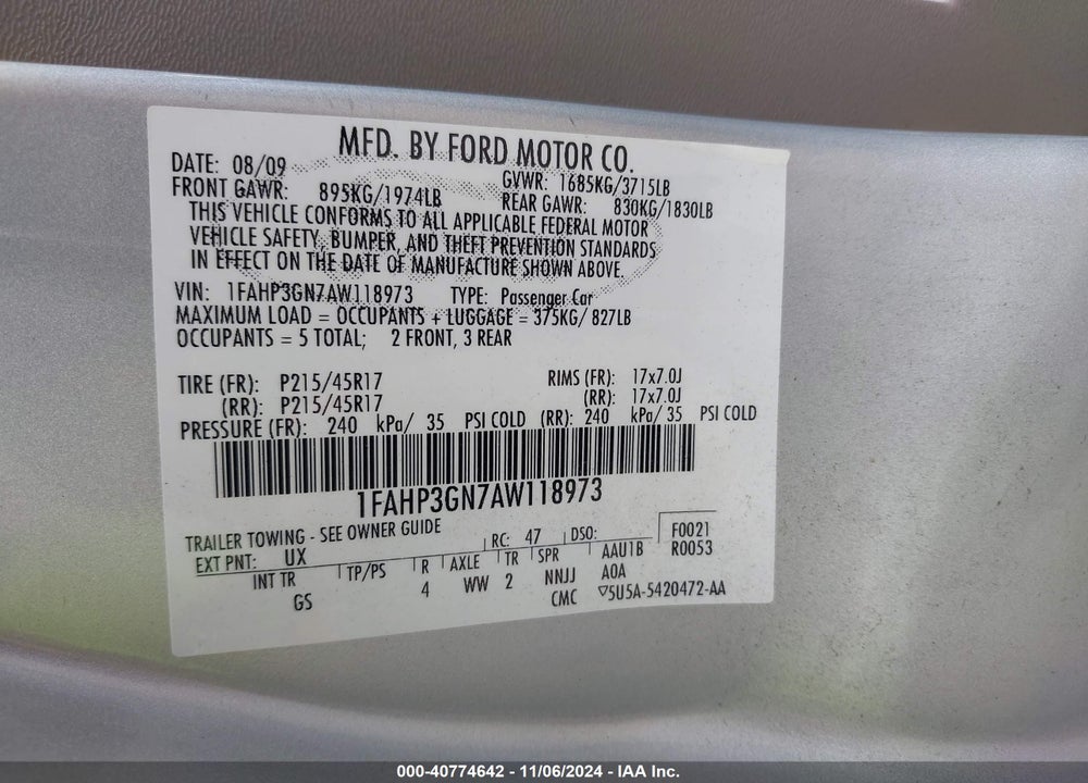 2010 FORD FOCUS SES VIN: 1FAHP3GN7AW118973