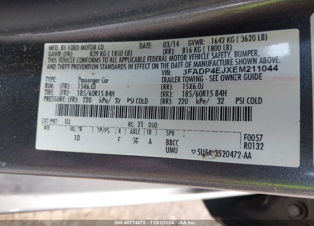 2014 FORD FIESTA SE VIN: 3FADP4EJXEM211044