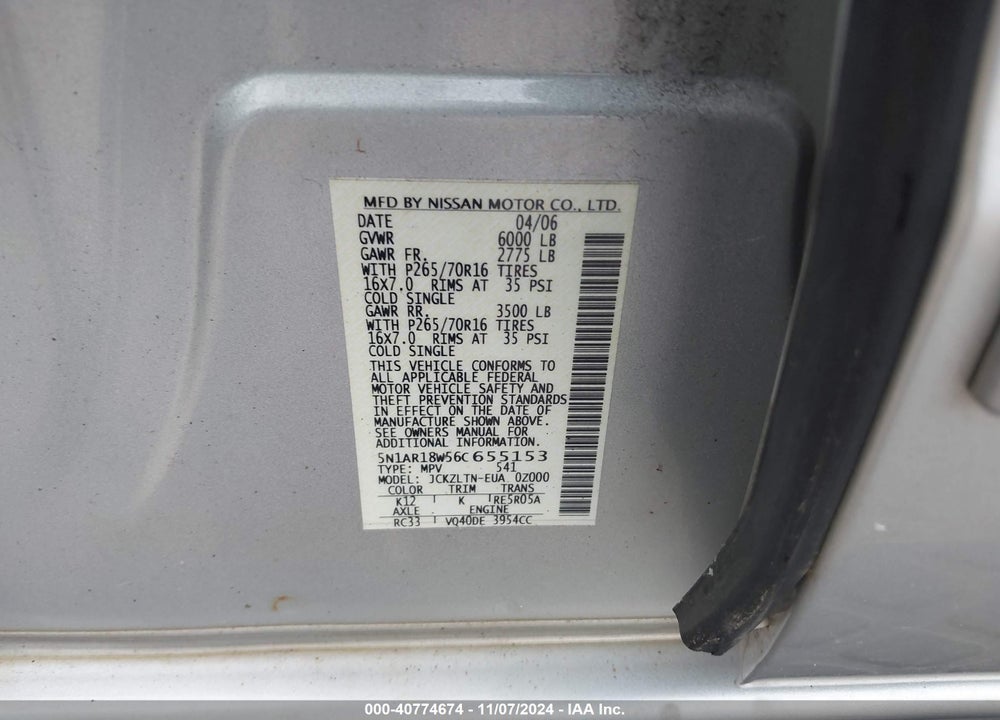 2006 NISSAN PATHFINDER SE VIN: 5N1AR18W56C655153