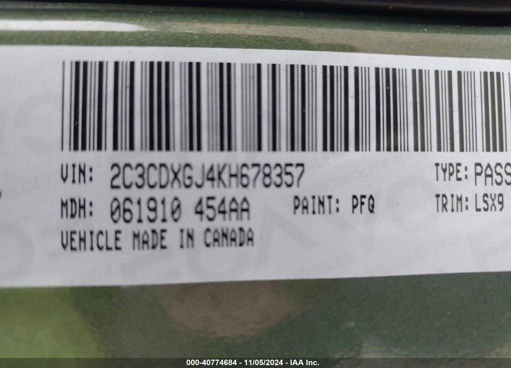 2019 DODGE CHARGER SCAT PACK RWD VIN: 2C3CDXGJ4KH678357