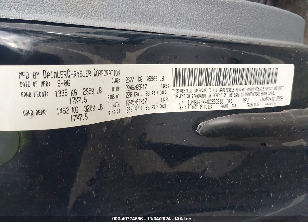 2006 JEEP GRAND CHEROKEE LAREDO VIN: 1J4GR48K46C355918