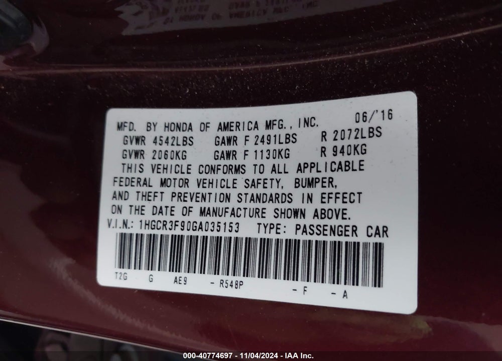 2016 HONDA ACCORD TOURING VIN: 1HGCR3F90GA035153