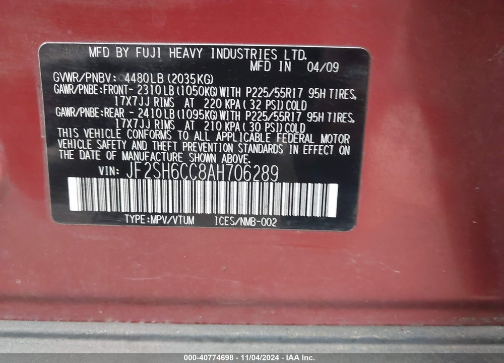 2010 SUBARU FORESTER 2.5X PREMIUM VIN: JF2SH6CC8AH706289