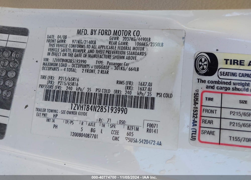 2008 FORD MUSTANG V6 DELUXE/V6 PREMIUM VIN: 1ZVHT84N285193990