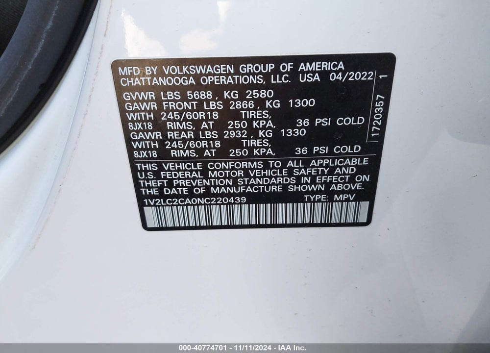 2022 VOLKSWAGEN ATLAS CROSS SPORT 2.0T SE VIN: 1V2LC2CA0NC220439