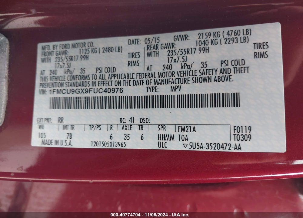 2015 FORD ESCAPE SE VIN: 1FMCU9GX9FUC40976