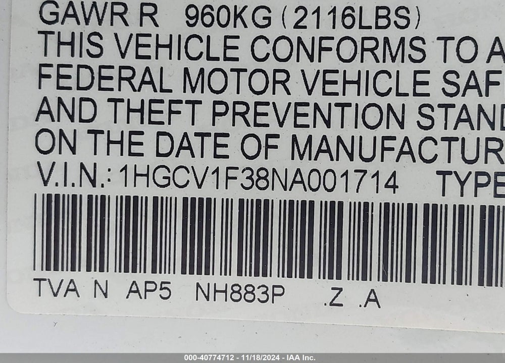 2022 HONDA ACCORD SPORT VIN: 1HGCV1F38NA001714