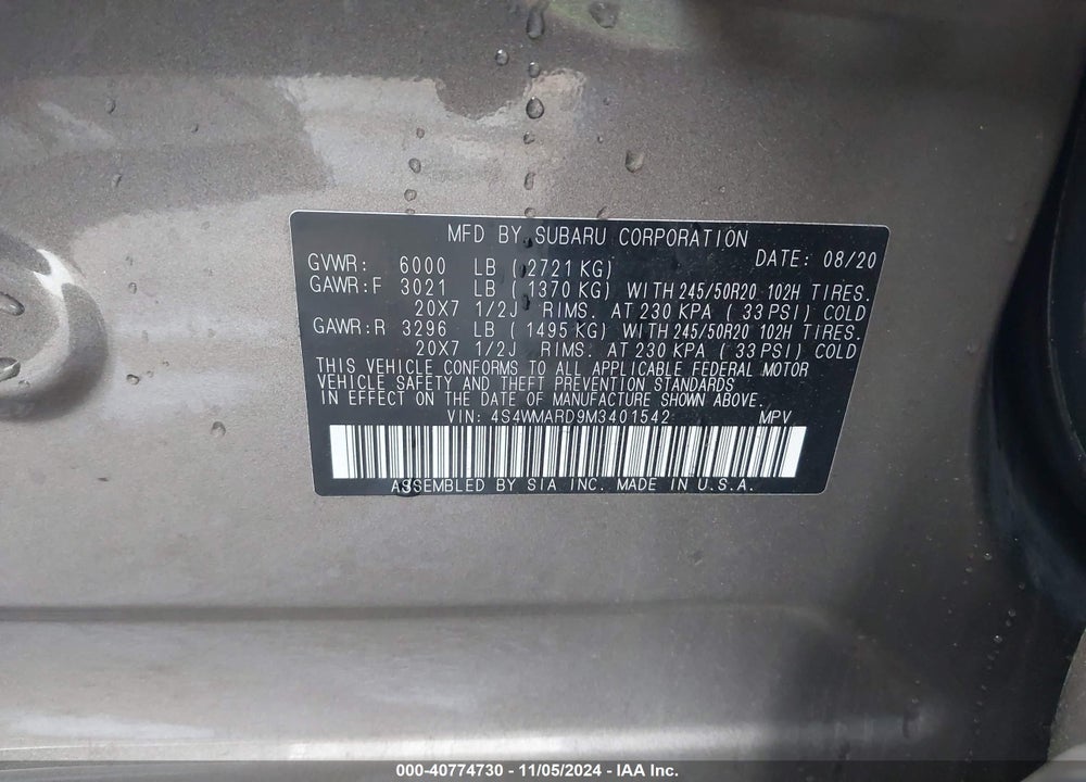 2021 SUBARU ASCENT TOURING VIN: 4S4WMARD9M3401542