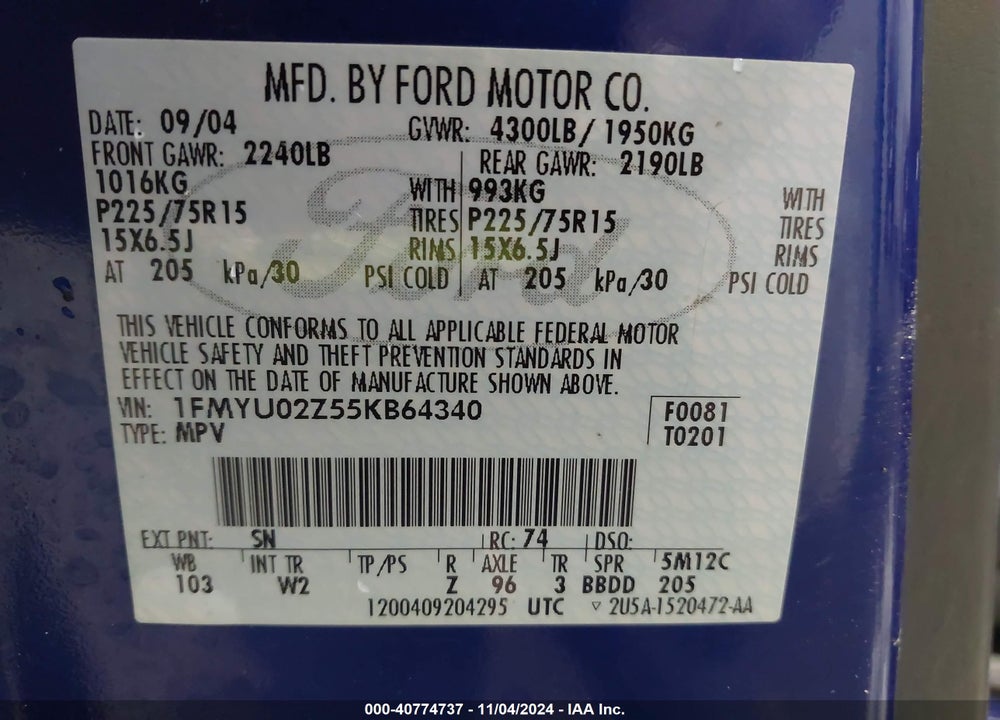 2005 FORD ESCAPE XLS VIN: 1FMYU02Z55KB64340