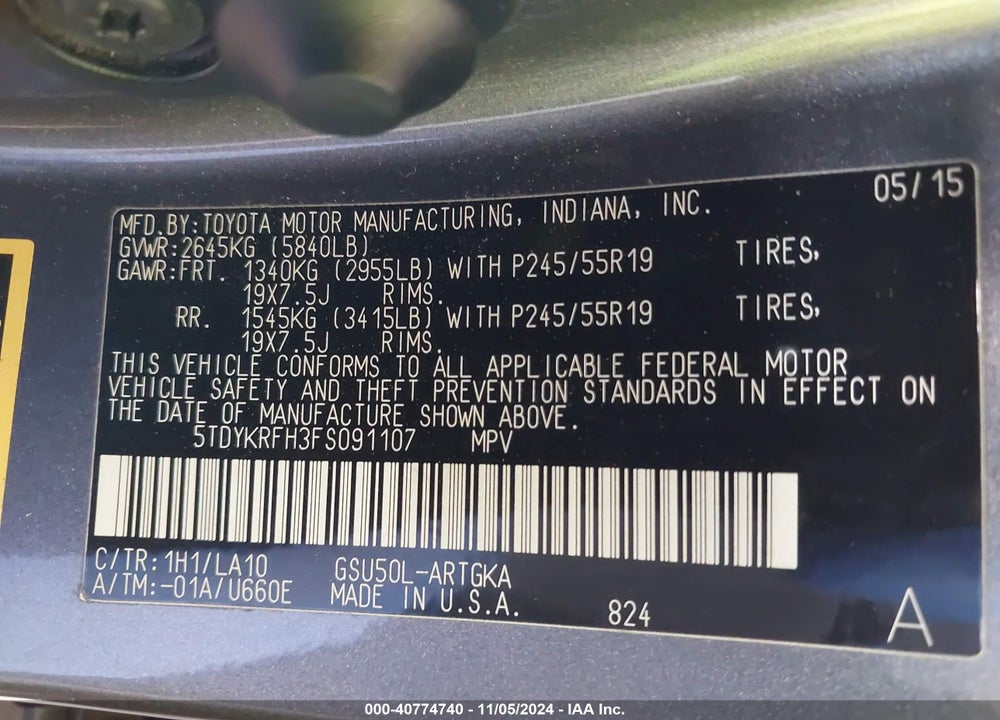 2015 TOYOTA HIGHLANDER LIMITED V6 VIN: 5TDYKRFH3FS091107