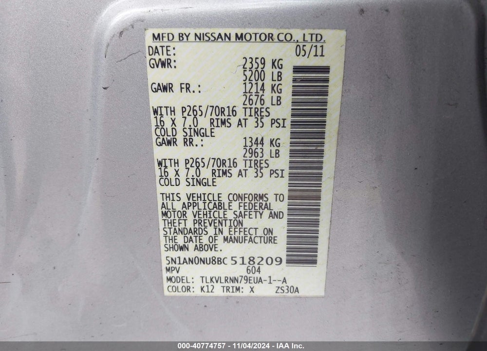 2011 NISSAN XTERRA S VIN: 5N1AN0NU8BC518209