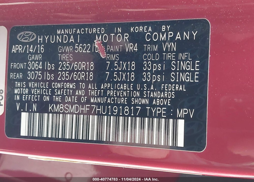 2017 HYUNDAI SANTA FE SE VIN: KM8SMDHF7HU191817