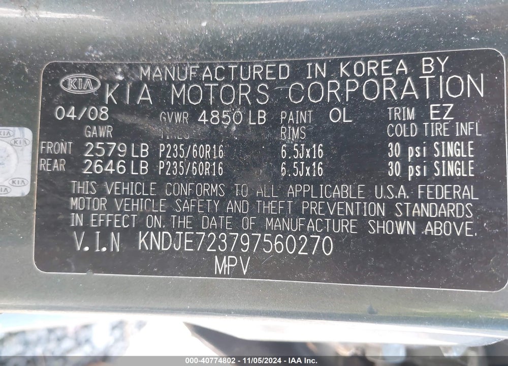 2009 KIA SPORTAGE LX V6 VIN: KNDJE723797560270