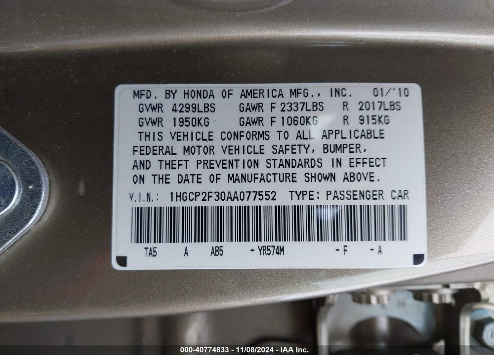 2010 HONDA ACCORD 2.4 LX VIN: 1HGCP2F30AA077552