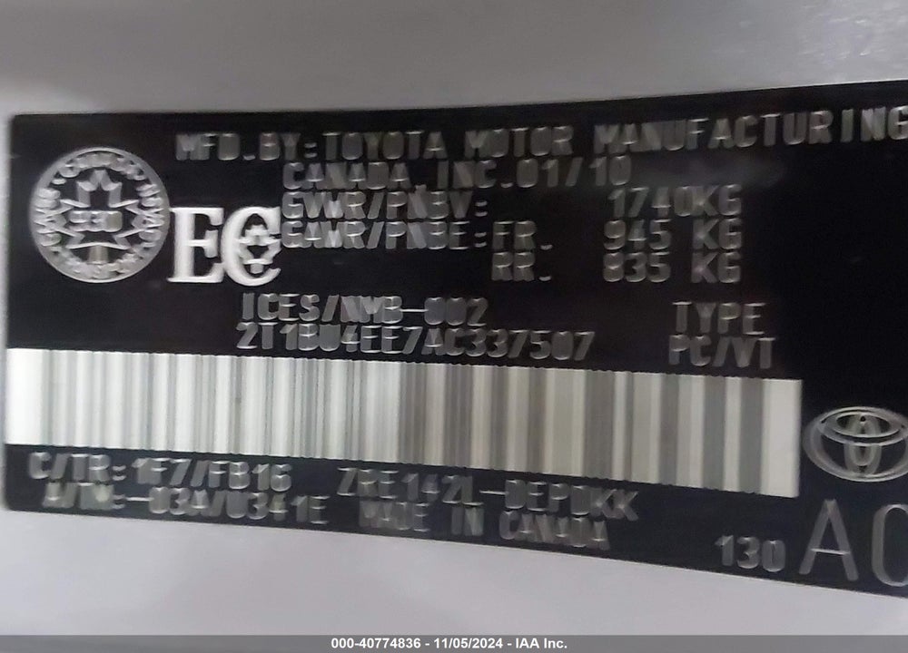 2010 TOYOTA COROLLA CE VIN: 2T1BU4EE7AC337507