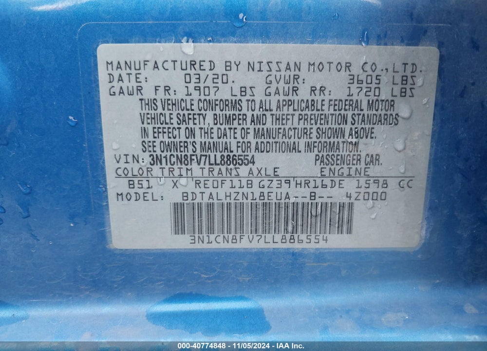 2020 NISSAN VERSA SR XTRONIC CVT VIN: 3N1CN8FV7LL886554