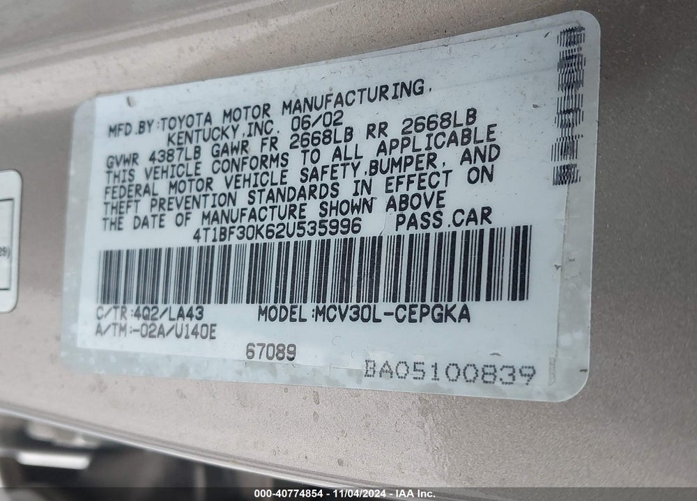 2002 TOYOTA CAMRY XLE V6 VIN: 4T1BF30K62U535996