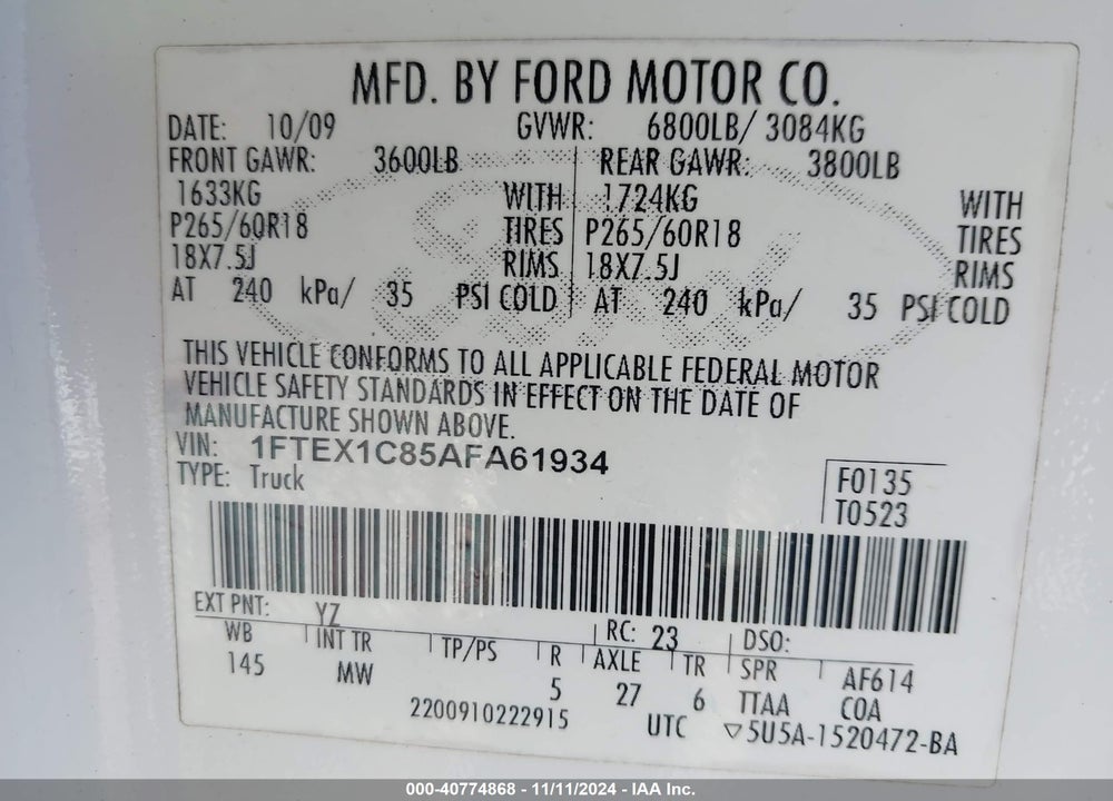 2010 FORD F-150 VIN: 1FTEX1C85AFA61934