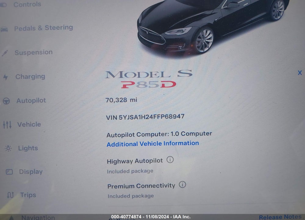2015 TESLA MODEL S 70D/85D/P85D VIN: 5YJSA1H24FFP68947