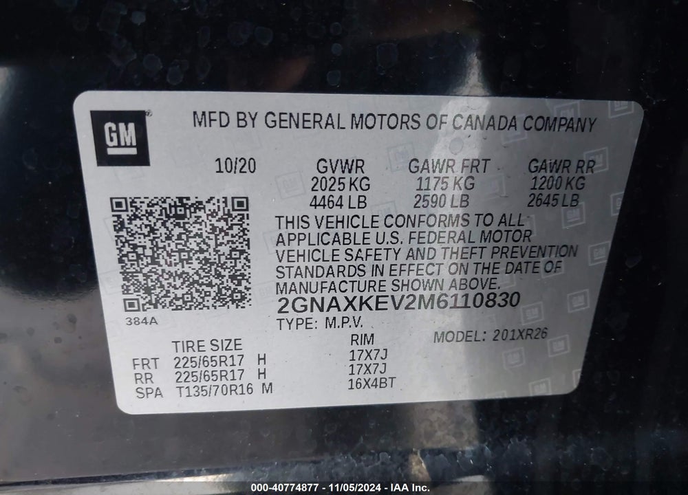 2021 CHEVROLET EQUINOX FWD LT VIN: 2GNAXKEV2M6110830