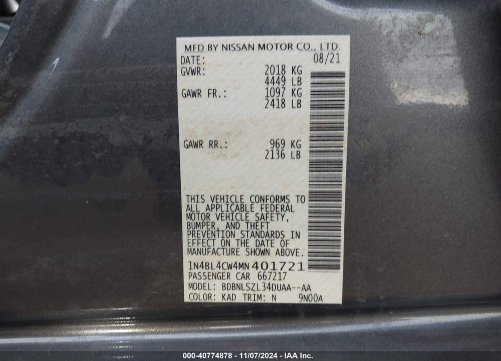 2021 NISSAN ALTIMA SR INTELLIGENT AWD VIN: 1N4BL4CW4MN401721