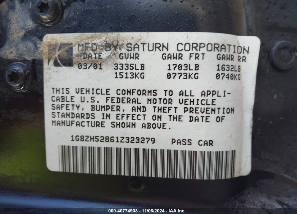 2001 SATURN SL1 VIN: 1G8ZH52861Z323279