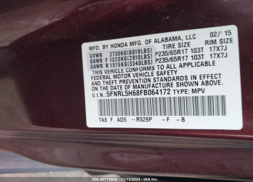 2015 HONDA ODYSSEY EX-L VIN: 5FNRL5H68FB064172