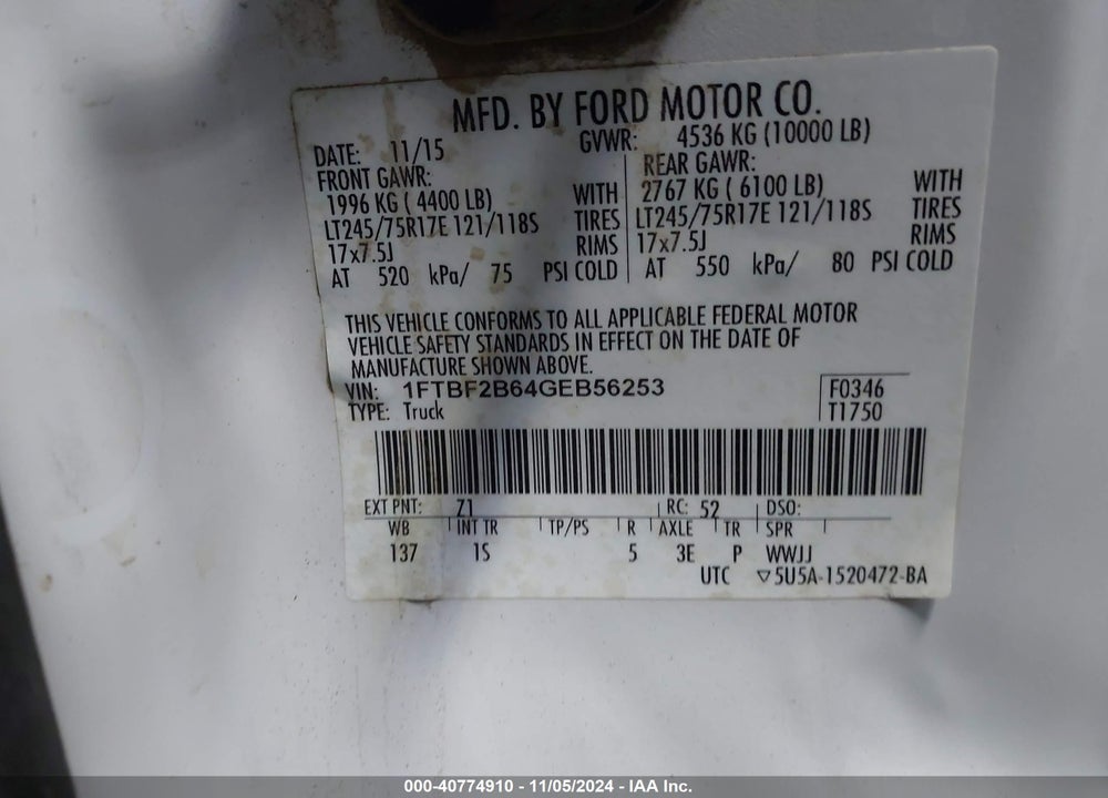 2016 FORD F-250 XL VIN: 1FTBF2B64GEB56253