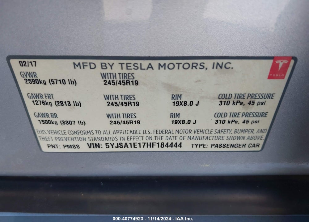 2017 TESLA MODEL S VIN: 5YJSA1E17HF184444