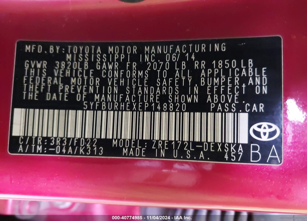 2014 TOYOTA COROLLA S VIN: 5YFBURHEXEP148820