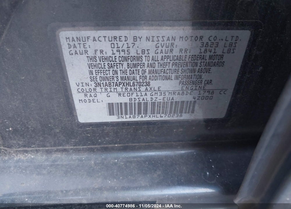 2017 NISSAN SENTRA VIN: 3N1AB7APXHL670238