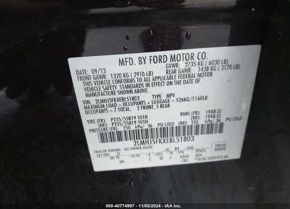 2014 LINCOLN MKT VIN: 2LMHJ5FKXEBL51803