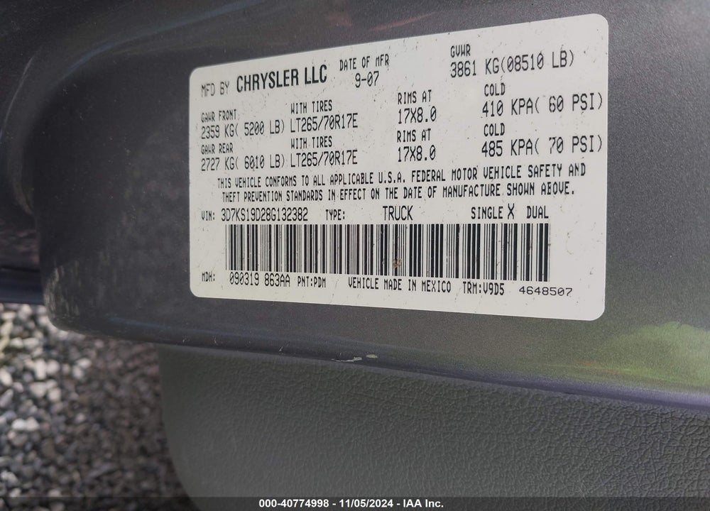 2008 DODGE RAM 1500 VIN: 3D7KS19D28G132382
